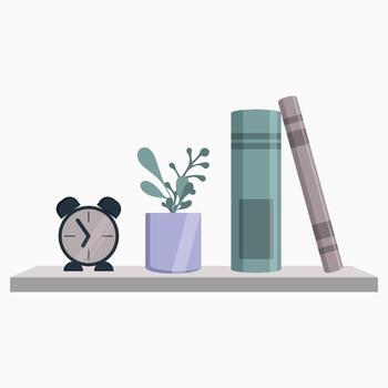 pared estante con libros, reloj y planta de casa vector