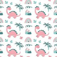 Seamless pattern with cute dinosaurs and tropical plants on white background. Childrens colorful print on fabric, textile, wallpaper,postcards. Vector