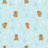 Christmas seamless pattern with cute capybara on winter skates, snowflakes and christmas tree vector