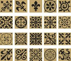 Vector gold and black set of ancient Roman ornament elements. Classic European parts of patterns. Lilies and crowns