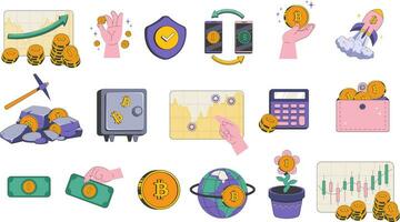 Large set of icons about cryptocurrency. Trading charts, hands with bitcoin gold coins, financial growth, mining, blockchain, coin exchange vector