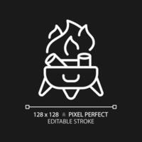 2D pixel perfect white campfire icon, isolated vector, editable hiking gear thin line illustration. vector