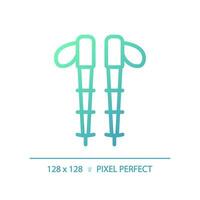2D pixel perfect gradient hiking poles icon, isolated vector, green hiking gear thin line illustration. vector