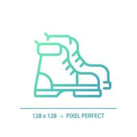 2D pixel perfect gradient hiking boot icon, isolated vector, green hiking gear thin line illustration. vector