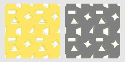 Geometric patterns with simple figures of triangle, trapezoid, rectangle, and their contours, on yellow and gray background. vector