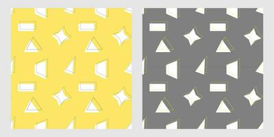 Geometric patterns with simple figures of triangle, trapezoid, rectangle, and their contours, on yellow and gray background. vector