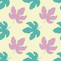 Figs pattern with hand drawn leaves, blue and pink colors. vector