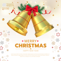 alegre Navidad tarjeta modelo con 3d representación Navidad dorado campanas psd