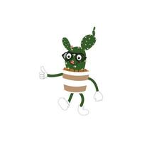 dibujos animados cactus planta en un maceta personaje mascota en negro gafas de sol, dibujos animados caracteres pegatinas puntiagudo planta en diferente posa, comportamiento y con cara expresiones vector