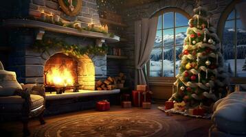 AI generated living room with a fireplace and a Christmas tree video