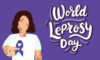 World Leprosy Day text banner. Handwriting text World Leprosy Day lettering. Woman with purple tape. Hand drawn vector art.
