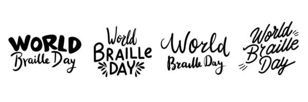 Set of World Braille Day text banner. Handwriting text World Braille day lettering. Hand drawn vector art.
