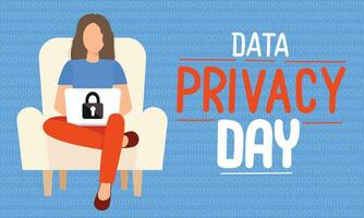 Data Privacy Day text banner. Handwriting text Data Privacy Day lettering. Woman is sitting with laptop. Hand drawn vector art.