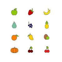 Set of fruit. Healthy food collection. Flat style with stroke illustration. Icons of different fruit and berries. Vector isoloted on white background