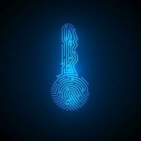 Fingerprint in key shape with circuit background. Cyber security id concept. Security cryptocurrency technology. Authorization futuristic system. Vector illustration