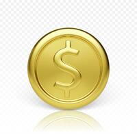 Golden coin front view. Realistic render of glossy metallic coin. Finance and money vector