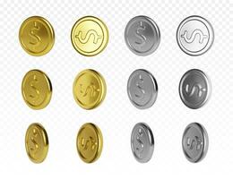 Set of gold and silver coin with dollar symbol. Render of rotation metallic money. Vector illustration