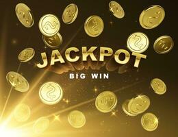 Jackpot casino winner. Big win banner with falling golden coins on dark background with light rays. Vector illustration