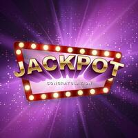 Jackpot casino winner. Big win banner. Retro signboard on purple background with light rays. Vector illustration