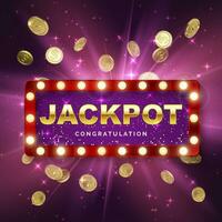 Jackpot casino winner on purple background with light rays. Big win banner. Retro signboard with falling gold coins. Vector illustration