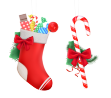 3d tolkning röd jul strumpa med gåvor och jul godis sockerrör png