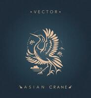 Artistic Asian Crane with Floral Elements Vector Design