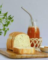 Garlic Bread and Tomato Juice photo