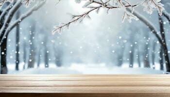 AI generated Winter background and wooden table. Beautiful winter scene. photo