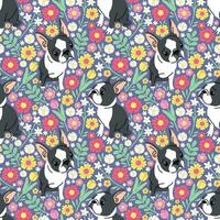 CUTE FRENCH BULLDOG WITH FUNNY FACE IN FLORAL BACKGROUND. FLAT SEAMLESS PATTERN. vector
