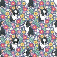 CUTE FRENCH BULLDOG WITH FUNNY FACE IN FLORAL BACKGROUND. FLAT SEAMLESS PATTERN. vector