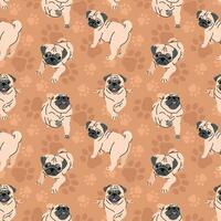 CUTE PUG WITH SOME DIFFERENT MOVES IN BROWN DOG PAWS BACKGROUND. FLAT SEAMLESS PATTERN vector