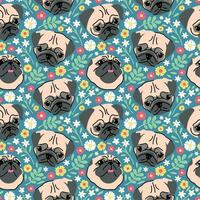 CUTE PUG HEAD WITH SOME DIFFERENT EXPRESSIONS IN FLORAL BACKGROUND. FLAT SEAMLESS PATTERN. vector