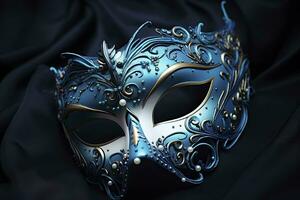 AI generated A blue and white Venetian masquerade mask with a black background. photo