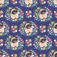 CUTE FACE PUG DOG WITH BEAUTIFUL FLORAL FLAT SEAMLESS PATTERN. vector