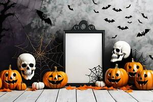 AI generated picture frame halloween theme background with pumpkin and bats photo