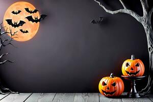 AI generated halloween background with pumpkins and bats photo