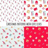 Set vector seamless christmas pattern with elves in striped red hats and christmas gifts Pattern for merry Christmas and New Year cards, wrapping, wrapping paper, gift boxes, stationery and fabrics.