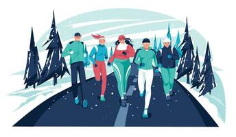 Marathon race group - flat cartoon modern vector illustration of running men and women in snow on winter country road. Running in the cold season. Creative landing page design template, web banner