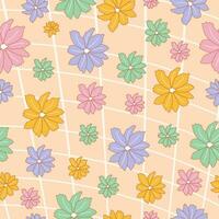 Hand drawn seamless pattern with flowers in candy colors and grid on background. vector