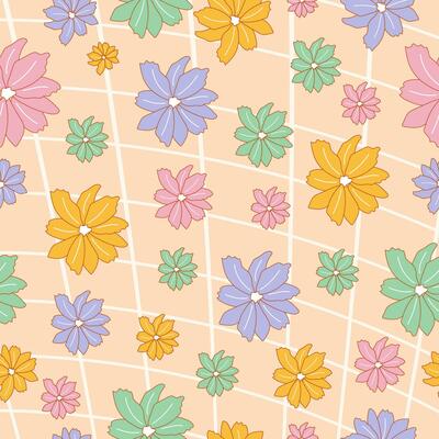 Hand drawn seamless pattern with flowers in candy colors and grid on background.