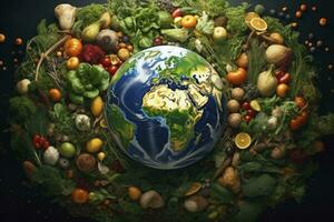 AI generated Earth Surrounded Variety of Fruits and Vegetables. World Health Day, World Vegetable Day, World Food Day. photo