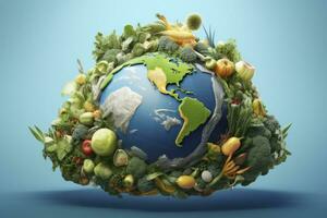 ai generado tierra rodeado variedad de frutas y vegetales. mundo salud día, mundo vegetal día, mundo comida día. foto