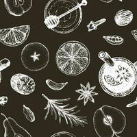 Seamless pattern hot winter alcoholic mulled wine white pattern on a dark background. Sketch-style mulled wine ingredients and spices for wrapping, packaging, menu design vector