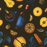 Seamless pattern hot winter alcoholic drink mulled wine in bright colors on a dark background. Ingredients and spices for mulled wine in sketch style for wrapping, packaging, menu design. vector