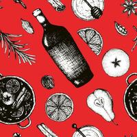 Seamless pattern hot winter alcoholic drink mulled wine on a red background. Ingredients and spices for mulled wine in sketch style for wrapping, packaging, menu design. vector