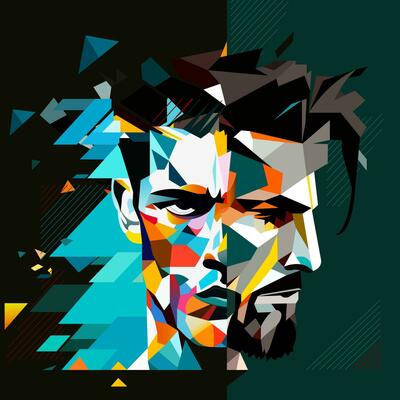 Human face of a man in an abstract style, cubic portrait drawing for graphics, poster, banner.