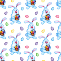 Watercolor illustration of a pattern of an egg and an Easter bunny holding a basket in its paws. Seamless repeat print funny cartoon bunny in blue and with a big nose. Isolated png