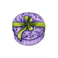Watercolor illustration of a small purple box with a floral print and a green ribbon. Gift box with hand painting for a compliment or gift. Separate . Drawn by hand. png