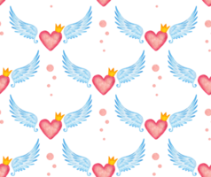 Watercolor illustration of a pink heart pattern in a crown with angel wings. Seamless repeat print for valentine's day, wedding or other occasion. Isolated . Drawn by hand. png