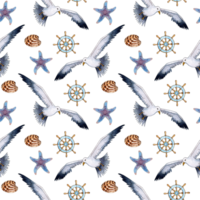 Watercolor illustration pattern seagull, helm, shell and starfish. Seamless repeating print of stylized seagulls. Sea life, flying birds. Isolated png